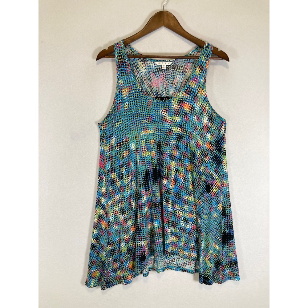 Boho Cabi Women Size M Teal Blue Multi Dot Print Back Detail A-Line Tank Top 301
